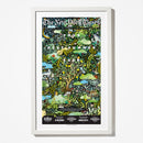 Your Best Summer Ever framed print featuring vibrant green illustrated landscape with trees and whimsical summer activities in white frame
