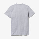 Phew Wordle gray cotton t-shirt with small white text detail on upper back, shown from rear view