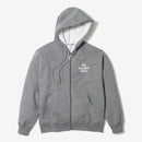 Gray Stacked Logo Zip-Up Hoodie with white logo, front pockets and drawstring hood, displayed on white background