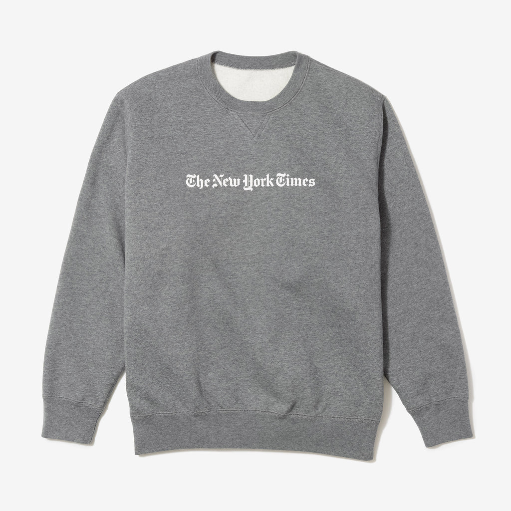 Gray Logo Sweatshirt with New York Times text printed in white on crew neck pullover